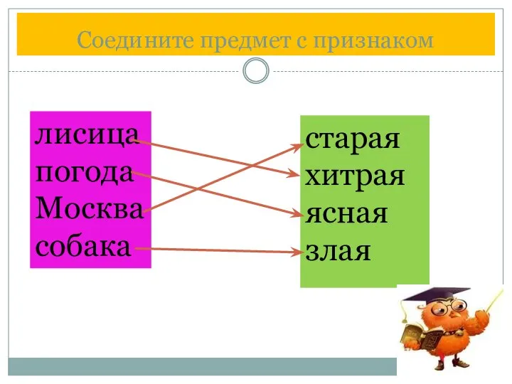 Соедините предмет с признаком лисица погода Москва собака старая хитрая ясная злая