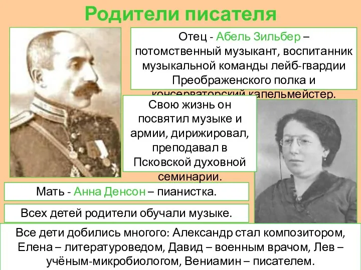 Родители писателя Отец - Абель Зильбер – потомственный музыкант, воспитанник музыкальной