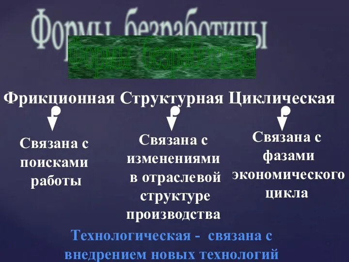 Формы безработицы Фрикционная Структурная Циклическая Связана с поисками работы Связана с