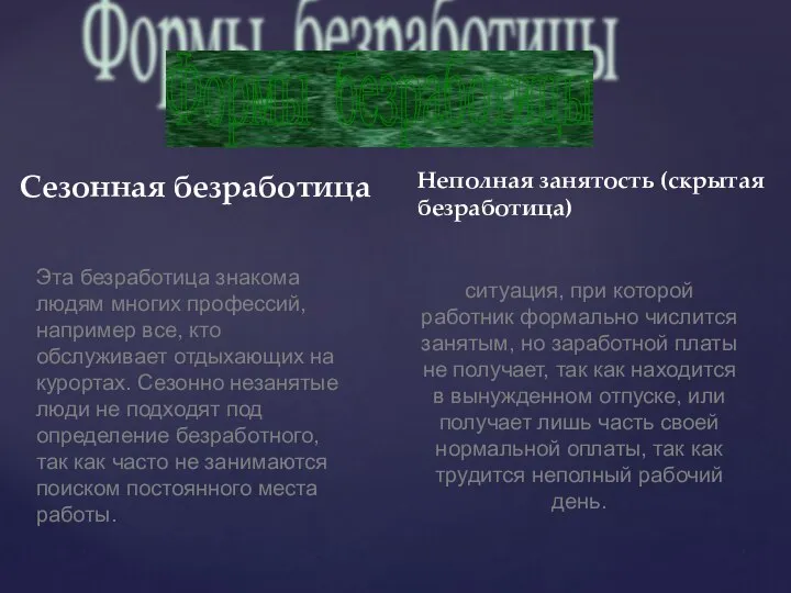 Неполная занятость (скрытая безработица) Формы безработицы Сезонная безработица Эта безработица знакома