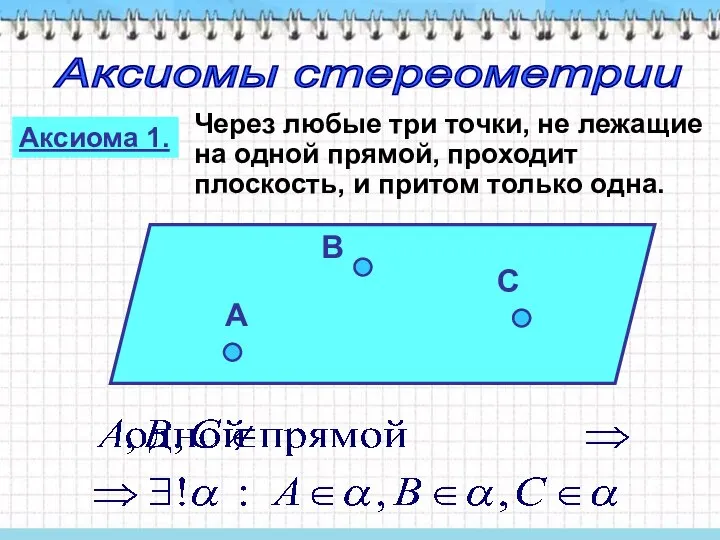 Аксиомы стереометрии Аксиома 1. Через любые три точки, не лежащие на