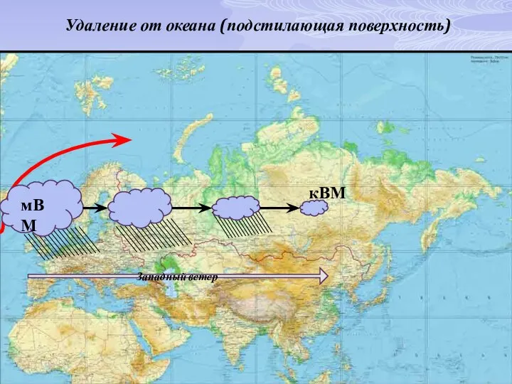 Удаление от океана (подстилающая поверхность) Западный ветер мВМ кВМ