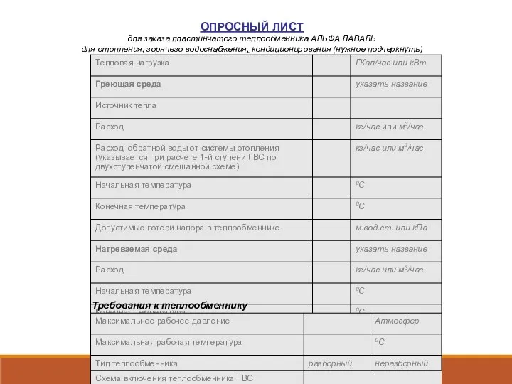 ОПРОСНЫЙ ЛИСТ для заказа пластинчатого теплообменника АЛЬФА ЛАВАЛЬ для отопления, горячего