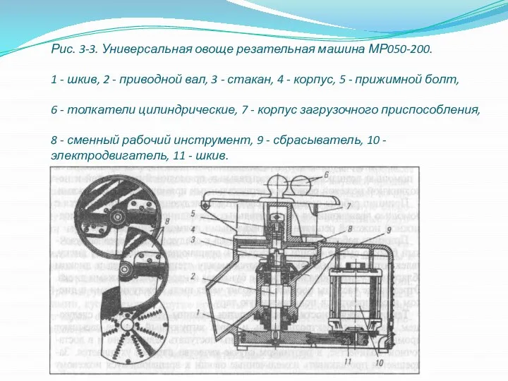 Рис. 3-3. Универсальная овоще резательная машина МР050-200. 1 - шкив, 2