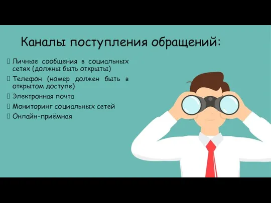 Каналы поступления обращений: Личные сообщения в социальных сетях (должны быть открыты)