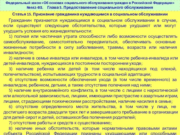 Статья 15. Признание гражданина нуждающимся в социальном обслуживании Гражданин признается нуждающимся