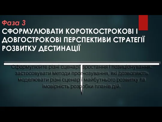 Фаза 3 СФОРМУЛЮВАТИ КОРОТКОСТРОКОВІ І ДОВГОСТРОКОВІ ПЕРСПЕКТИВИ СТРАТЕГІЇ РОЗВИТКУ ДЕСТИНАЦІЇ Сформулюйте