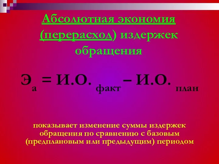 Абсолютная экономия (перерасход) издержек обращения Эа = И.О. факт – И.О.