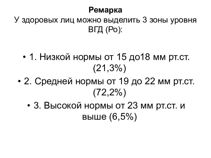 Ремарка У здоровых лиц можно выделить 3 зоны уровня ВГД (Ро):