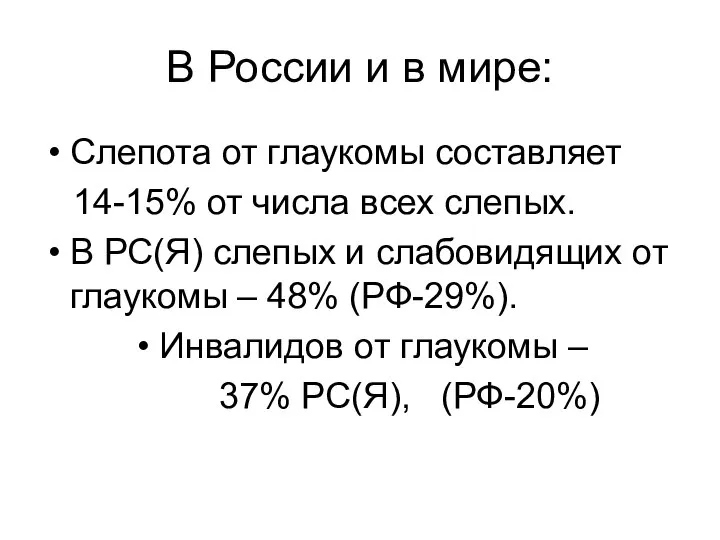 В России и в мире: Слепота от глаукомы составляет 14-15% от