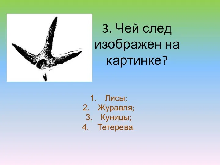 3. Чей след изображен на картинке? Лисы; Журавля; Куницы; Тетерева.