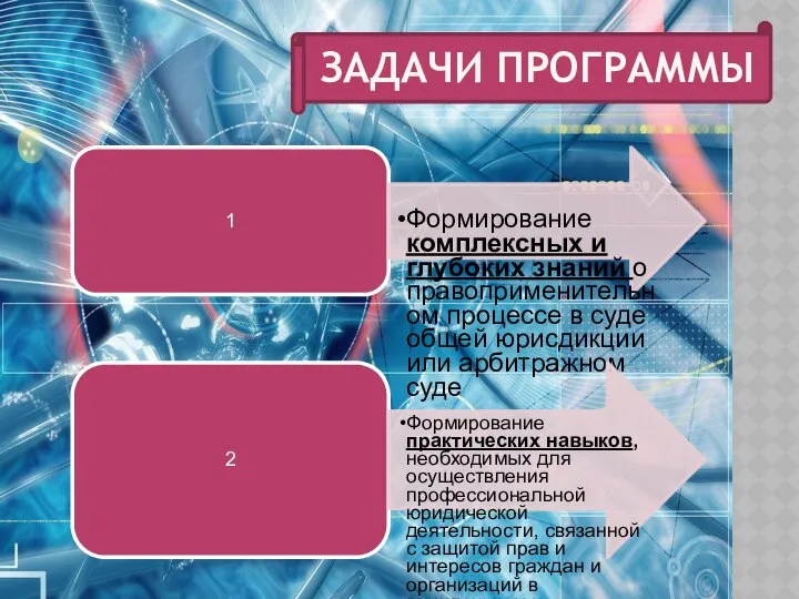 ЗАДАЧИ ПРОГРАММЫ 1 Формирование комплексных и глубоких знаний о правоприменительном процессе