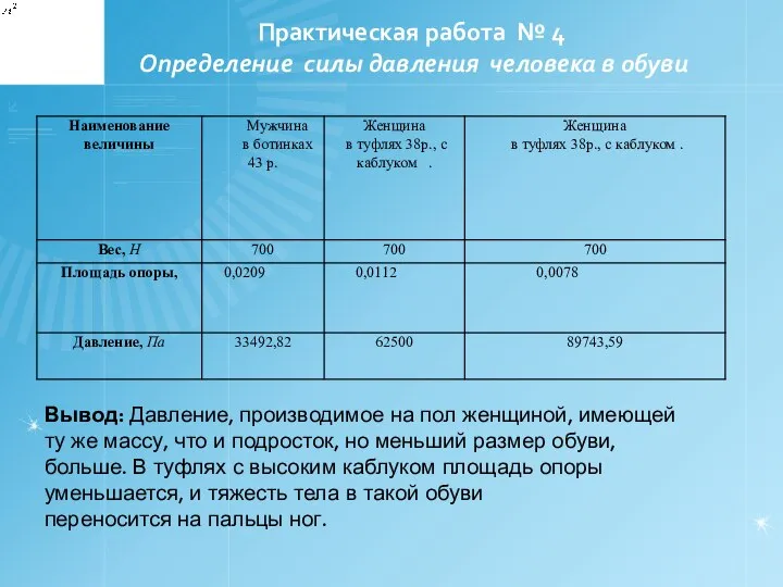 Практическая работа № 4 Определение силы давления человека в обуви Вывод: