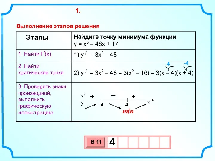 Найдите точку минимума функции y = x3 – 48x + 17