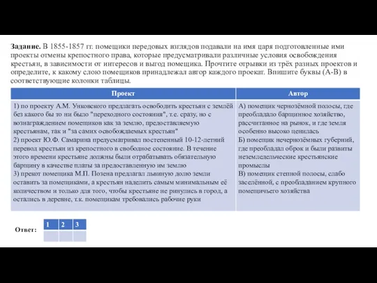 Задание. В 1855-1857 гг. помещики передовых взглядов подавали на имя царя