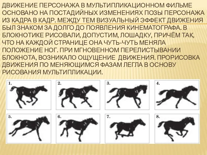 ДВИЖЕНИЕ ПЕРСОНАЖА В МУЛЬТИПЛИКАЦИОННОМ ФИЛЬМЕ ОСНОВАНО НА ПОСТАДИЙНЫХ ИЗМЕНЕНИЯХ ПОЗЫ ПЕРСОНАЖА