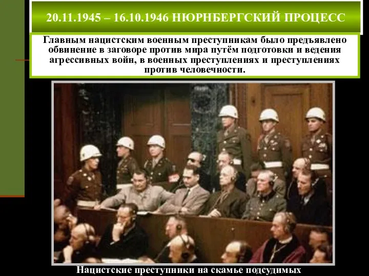 20.11.1945 – 16.10.1946 НЮРНБЕРГСКИЙ ПРОЦЕСС Главным нацистским военным преступникам было предъявлено