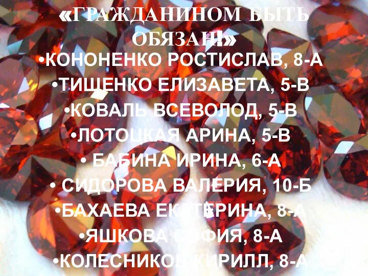 «ГРАЖДАНИНОМ БЫТЬ ОБЯЗАН!» КОНОНЕНКО РОСТИСЛАВ, 8-А ТИЩЕНКО ЕЛИЗАВЕТА, 5-В КОВАЛЬ ВСЕВОЛОД,