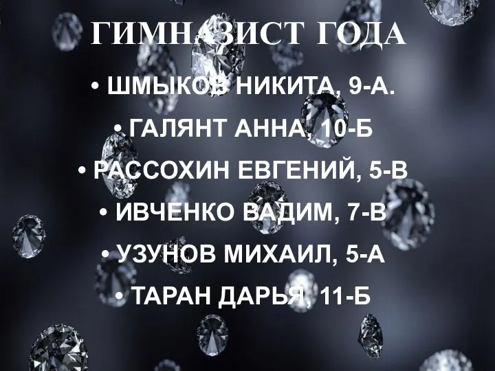 ГИМНАЗИСТ ГОДА ШМЫКОВ НИКИТА, 9-А. ГАЛЯНТ АННА, 10-Б РАССОХИН ЕВГЕНИЙ, 5-В