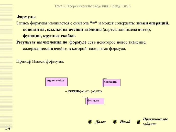 Формулы Запись формулы начинается с символа "=" и может содержать: знаки