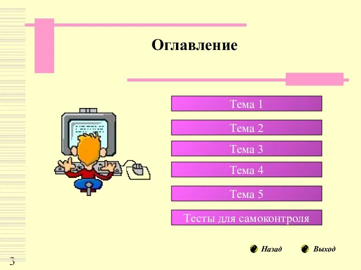 Оглавление Тема 1 Тема 2 Тема 3 Тесты для самоконтроля Тема 4 Тема 5 Назад Выход
