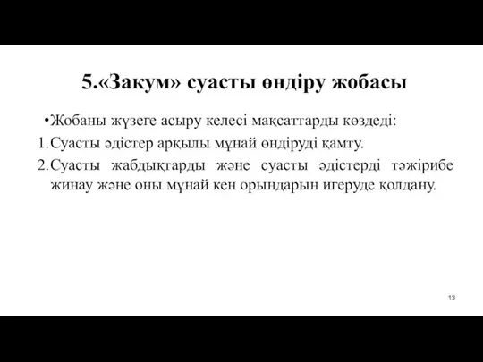 5.«Закум» суасты өндіру жобасы Жобаны жүзеге асыру келесі мақсаттарды көздеді: Суасты