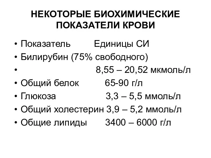 НЕКОТОРЫЕ БИОХИМИЧЕСКИЕ ПОКАЗАТЕЛИ КРОВИ Показатель Единицы СИ Билирубин (75% свободного) 8,55