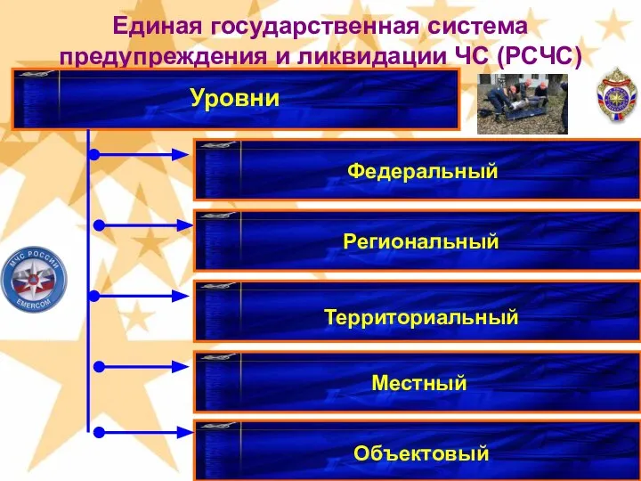 Единая государственная система предупреждения и ликвидации ЧС (РСЧС) Уровни Территориальный Местный Объектовый Региональный Федеральный