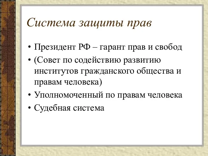 Система защиты прав Президент РФ – гарант прав и свобод (Совет