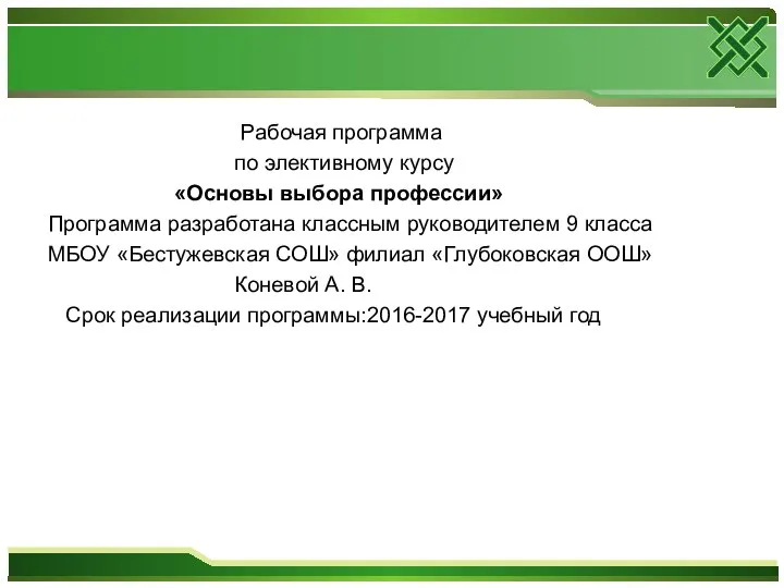 Рабочая программа по элективному курсу «Основы выбора профессии» Программа разработана классным