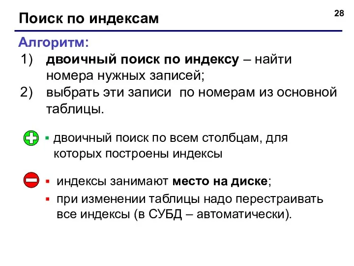 Поиск по индексам Алгоритм: двоичный поиск по индексу – найти номера