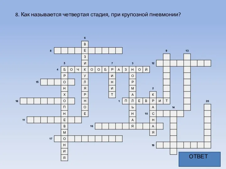 8. Как называется четвертая стадия, при крупозной пневмонии? ОТВЕТ