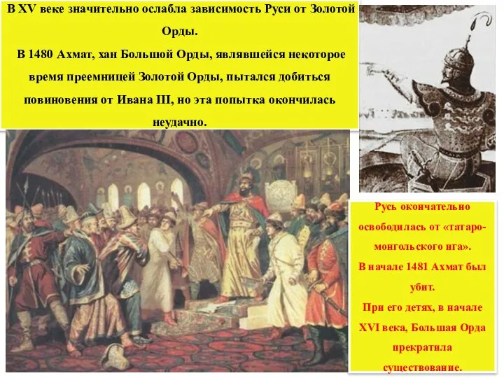 В XV веке значительно ослабла зависимость Руси от Золотой Орды. В