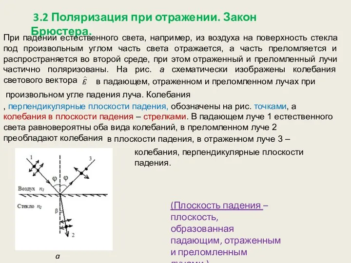 3.2 Поляризация при отражении. Закон Брюстера. a При падении естественного света,