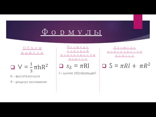 Формулы Объем конуса Площадь боковой поверхности конуса Площадь поверхности конуса