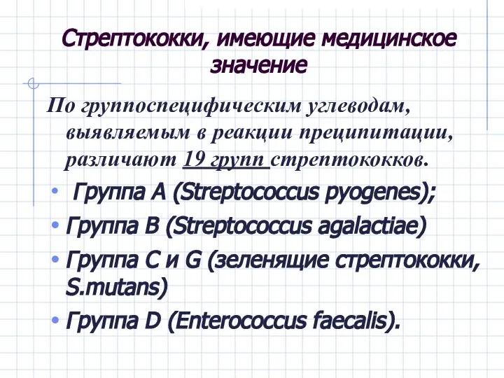 Стрептококки, имеющие медицинское значение По группоспецифическим углеводам, выявляемым в реакции преципитации,