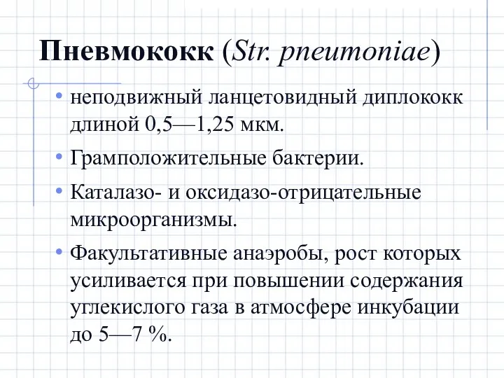 Пневмококк (Str. pneumoniae) неподвижный ланцетовидный диплококк длиной 0,5—1,25 мкм. Грамположительные бактерии.