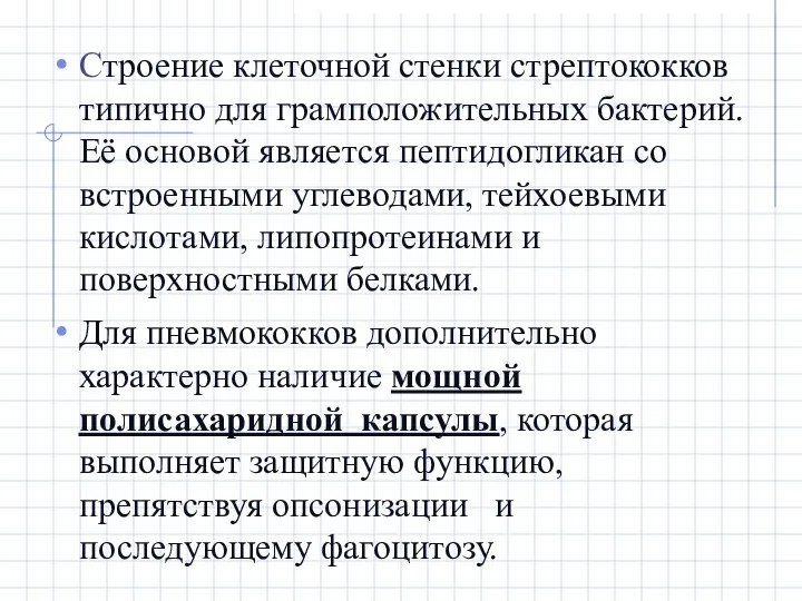 Строение клеточной стенки стрептококков типично для грамположительных бактерий. Её основой является