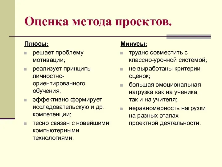 Оценка метода проектов. Плюсы: решает проблему мотивации; реализует принципы личностно-ориентированного обучения;