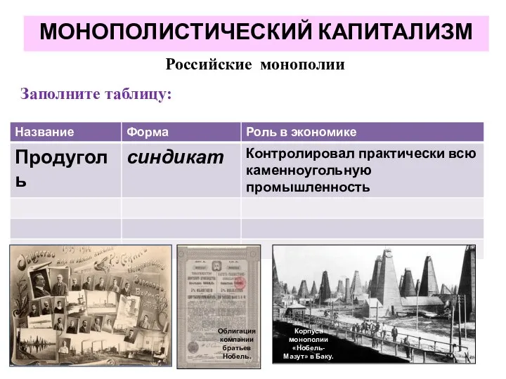 Российские монополии Заполните таблицу: МОНОПОЛИСТИЧЕСКИЙ КАПИТАЛИЗМ