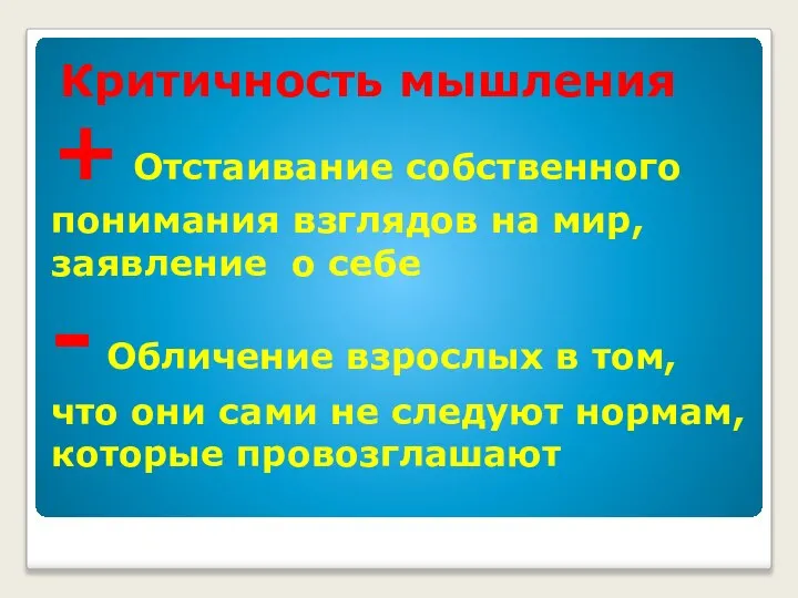 + Отстаивание собственного понимания взглядов на мир, заявление о себе -