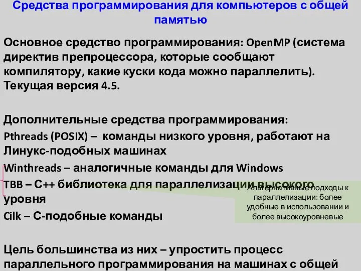 Средства программирования для компьютеров с общей памятью Основное средство программирования: OpenMP