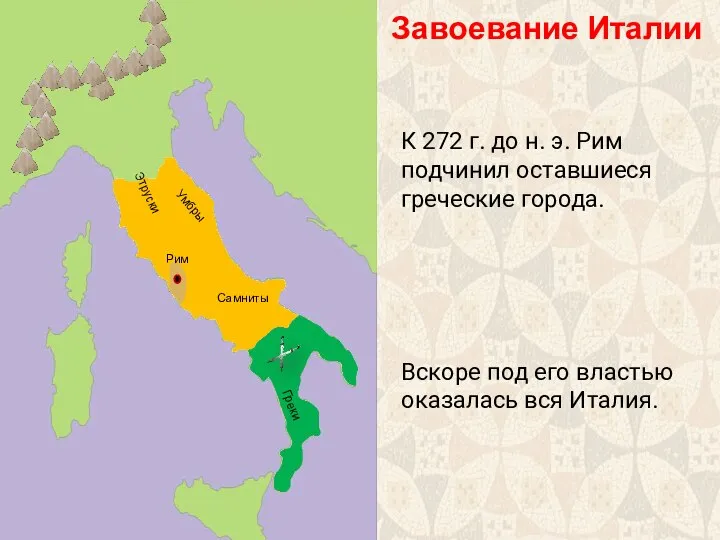 Завоевание Италии К 272 г. до н. э. Рим подчинил оставшиеся