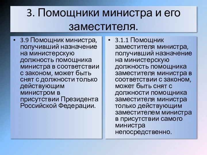 3. Помощники министра и его заместителя. 3.9 Помощник министра, получивший назначение