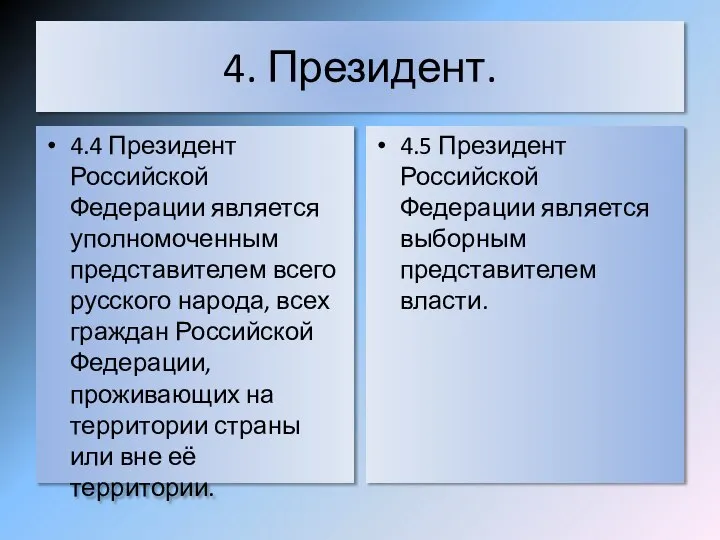 4. Президент. 4.4 Президент Российской Федерации является уполномоченным представителем всего русского