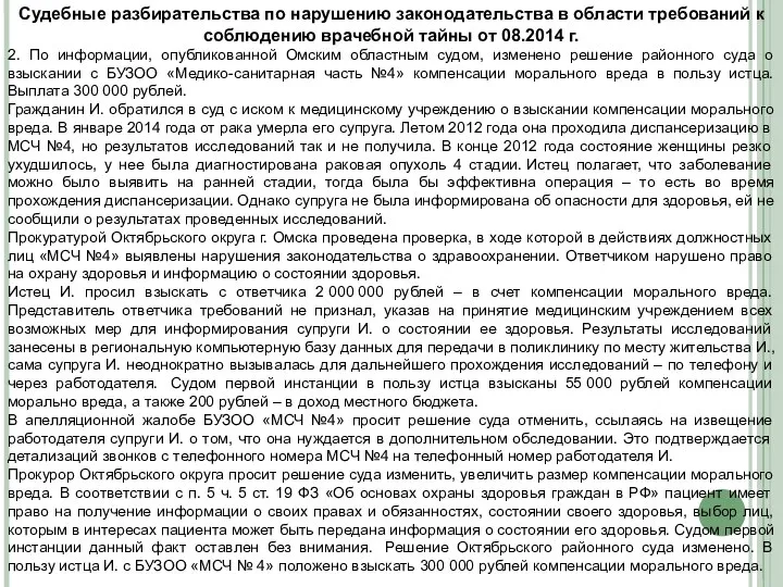 Судебные разбирательства по нарушению законодательства в области требований к соблюдению врачебной