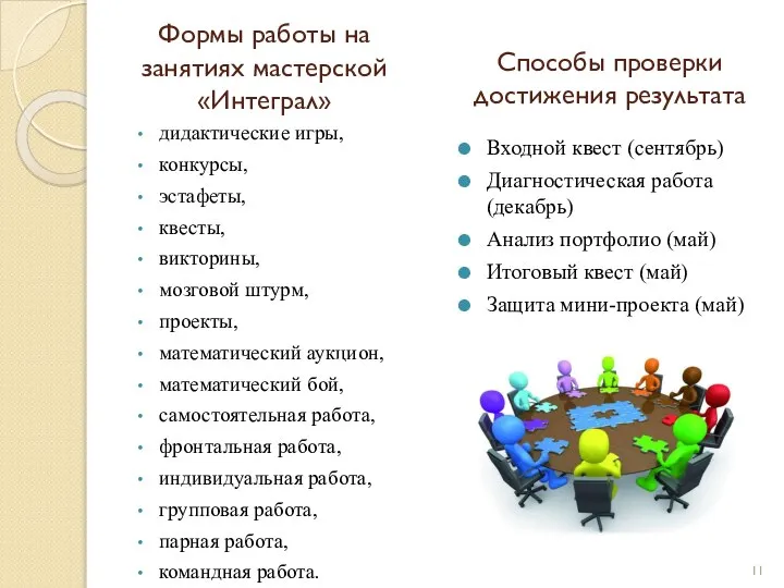 Формы работы на занятиях мастерской «Интеграл» дидактические игры, конкурсы, эстафеты, квесты,