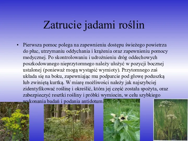 Zatrucie jadami roślin Pierwsza pomoc polega na zapewnieniu dostępu świeżego powietrza