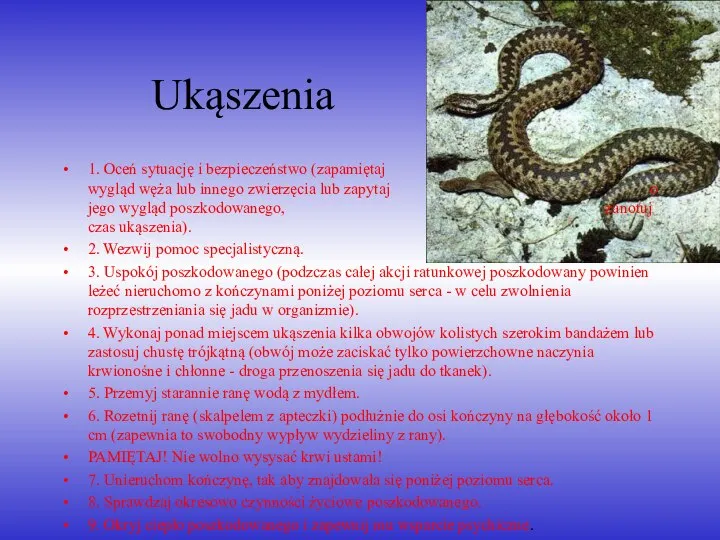 Ukąszenia 1. Oceń sytuację i bezpieczeństwo (zapamiętaj wygląd węża lub innego