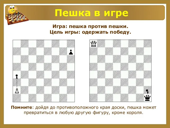 Пешка в игре Игра: пешка против пешки. Цель игры: одержать победу.